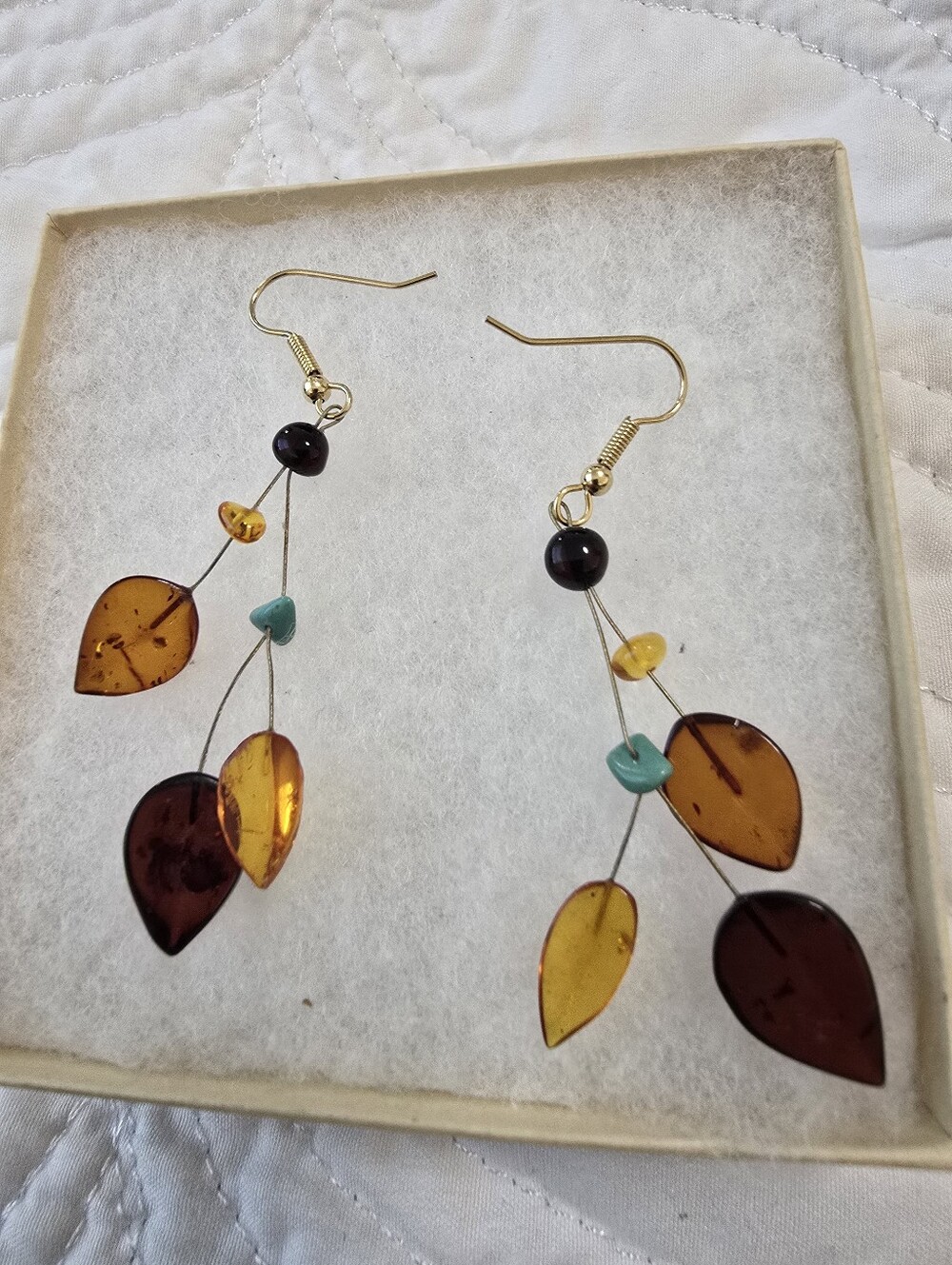 Beauriful Gold-Tone Amber Leaf Drop Earrings with Turquoise Accents